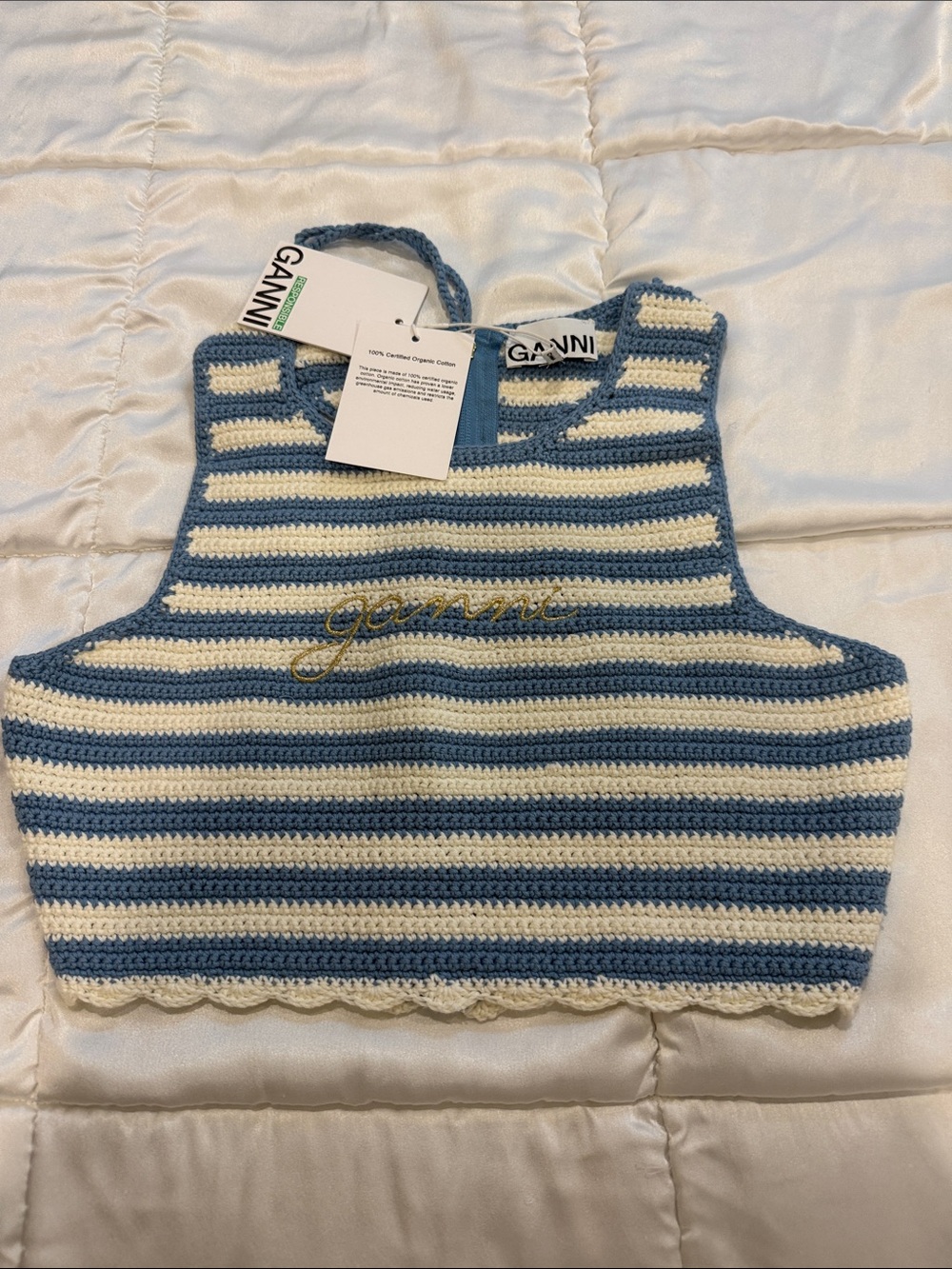 Ganni Blue and White Striped Crochet Crop Top with Embroidered Logo